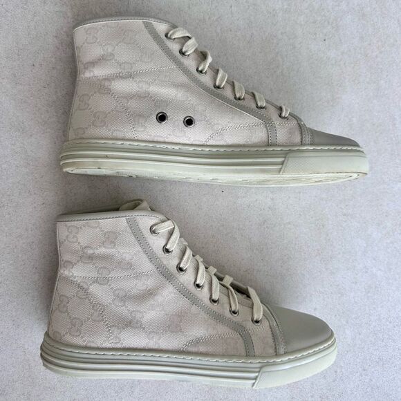 Gucci High Top GG Monogram Sneakers White Canvas Leather Toe Tennis EU 38 US 8 - Picture 6 of 10